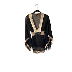 BeBe vintage Y2K, black and gold sheer kimono blouse 100% silk L